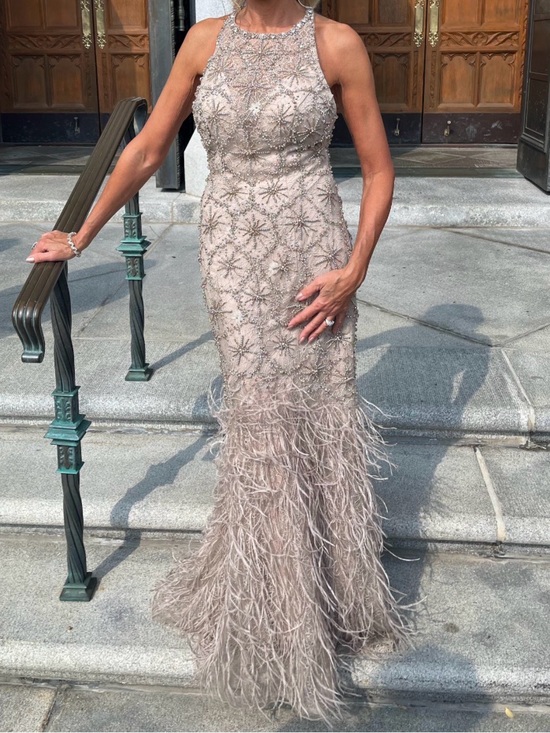 Terani Couture Dresses & Skirts - Embellished Feather-Hem Evening Gown in Taupe